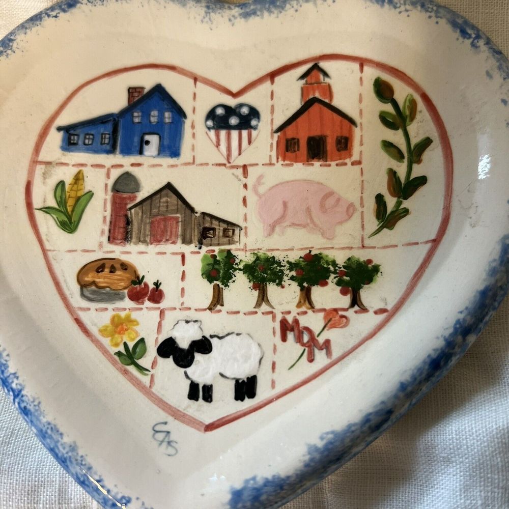 Hand Painted Ceramic Heart Dish Folk Art Farm Scene Americana Wall Hanging CAS